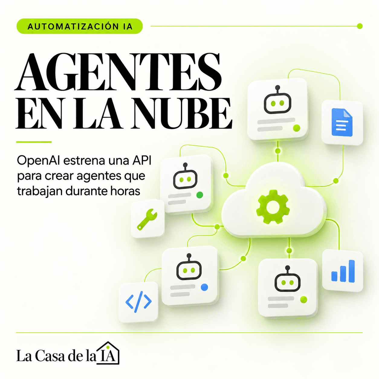 Ilustración editorial de varios agentes de IA conectados a una nube central mediante herramientas, archivos y código.