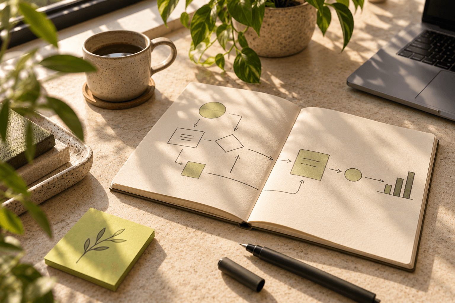 Cuaderno con un esquema de proceso sobre una mesa de trabajo