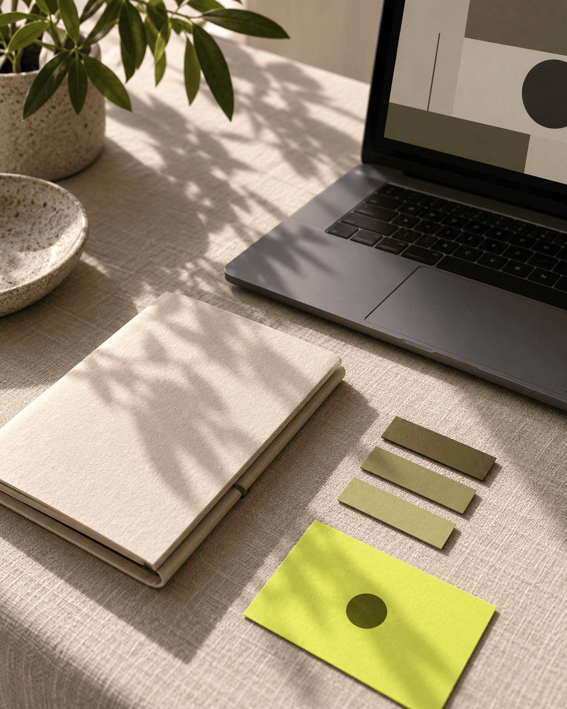 Cuaderno, portátil y tarjetas sobre una mesa con luz natural